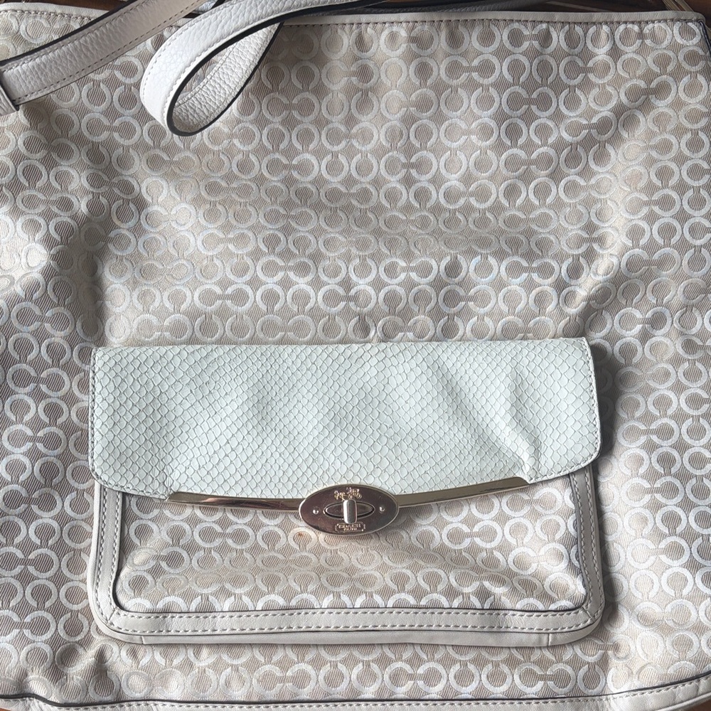 Coach Beige Signature Tote with Light Cream Snake-Embossed Flap